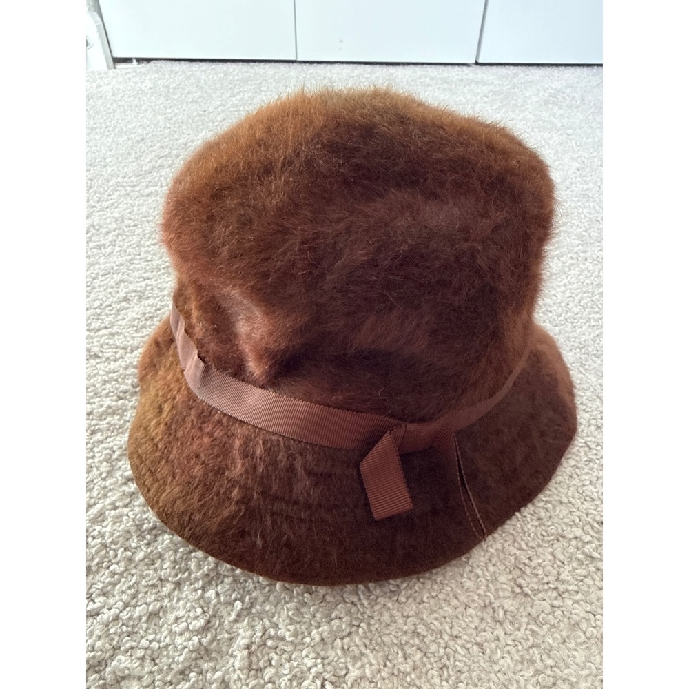 Vintage Kangol Design Brown Faux Fur Bucket Hat Made in England Grosgrain Bow